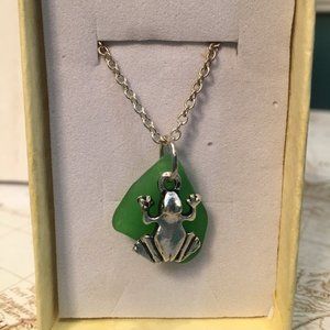 Emerald Green Sea Glass Pendant w/ Frog Charm